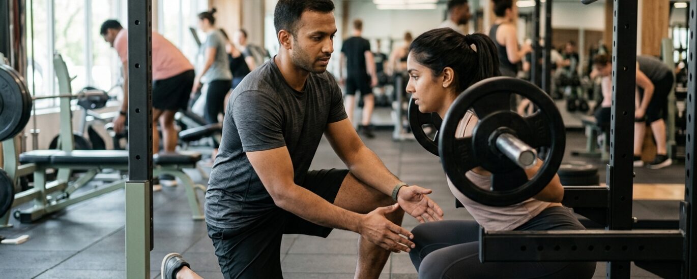 Mulher realizando exercícios de força com dumbbells em uma academia