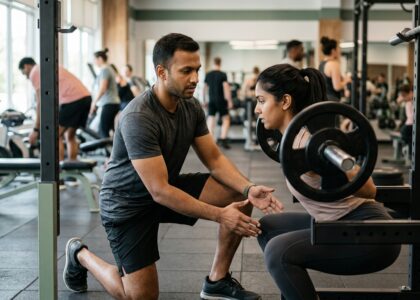 Mulher realizando exercícios de força com dumbbells em uma academia