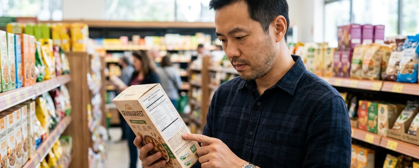 Foto em plano detalhe de uma pessoa de meia-idade segurando uma embalagem de alimento no supermercado, lendo atentamente a tabela nutricional com óculos de leitura.