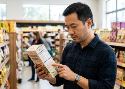 Foto em plano detalhe de uma pessoa de meia-idade segurando uma embalagem de alimento no supermercado, lendo atentamente a tabela nutricional com óculos de leitura.