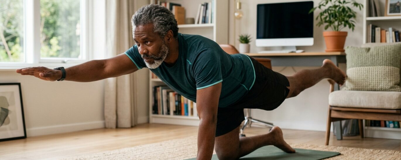 Uma pessoa em roupa de ginástica realizando um exercício de prancha no chão, com foco na ativação do core, demonstrando o fortalecimento muscular para proteger a coluna.