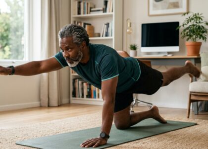 Uma pessoa em roupa de ginástica realizando um exercício de prancha no chão, com foco na ativação do core, demonstrando o fortalecimento muscular para proteger a coluna.