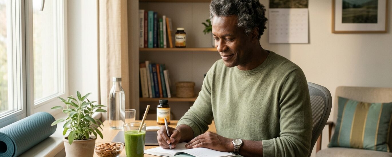 Imagem de uma pessoa idosa e uma jovem se exercitando ao ar livre, simbolizando a importância da saúde do bone em todas as idades para prevenir osteoporose.