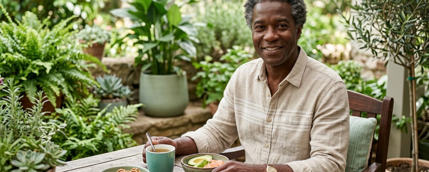 Pessoa segurando uma tigela de alimentos saudáveis como nozes e frutas vermelhas, simbolizando nutrição para um cérebro ativo e com boa memória.