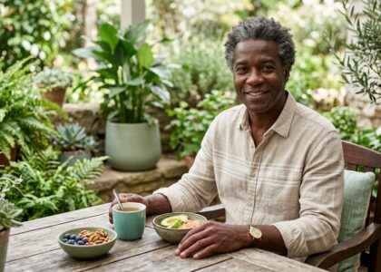Pessoa segurando uma tigela de alimentos saudáveis como nozes e frutas vermelhas, simbolizando nutrição para um cérebro ativo e com boa memória.