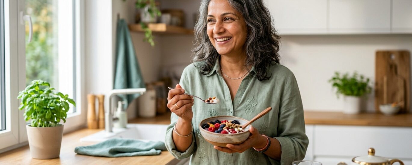 Mulher sorrindo, segurando uma fruta fresca, simbolizando uma vida sem açúcar e com mais saúde.
