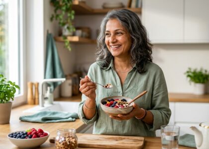 Mulher sorrindo, segurando uma fruta fresca, simbolizando uma vida sem açúcar e com mais saúde.