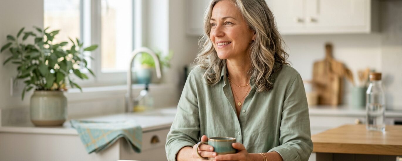 Mulher jovem com expressão de bem-estar e tranquilidade, em ambiente sereno, simbolizando a importância da saúde feminina e o conhecimento sobre SOP.