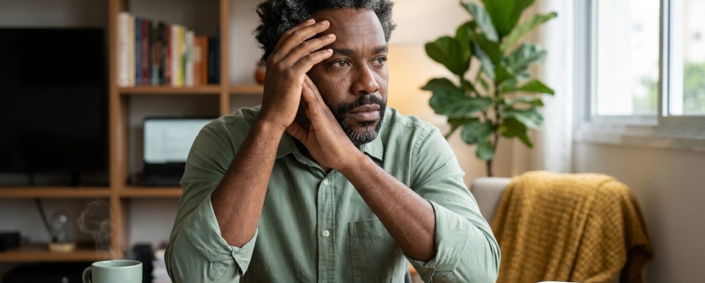 Uma pessoa com expressão de cansaço ou exaustão, talvez olhando para a tela de um computador, representando a Síndrome de burnout e o esgotamento mental.