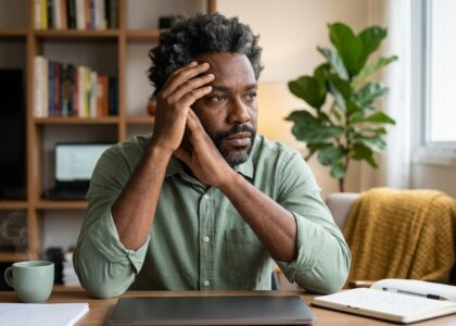 Uma pessoa com expressão de cansaço ou exaustão, talvez olhando para a tela de um computador, representando a Síndrome de burnout e o esgotamento mental.