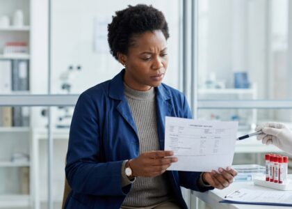 Médico endocrinologista analisando um exame de sangue com foco nos níveis de TSH alto ao lado de um modelo anatômico da tireoide sobre a mesa de consultório.