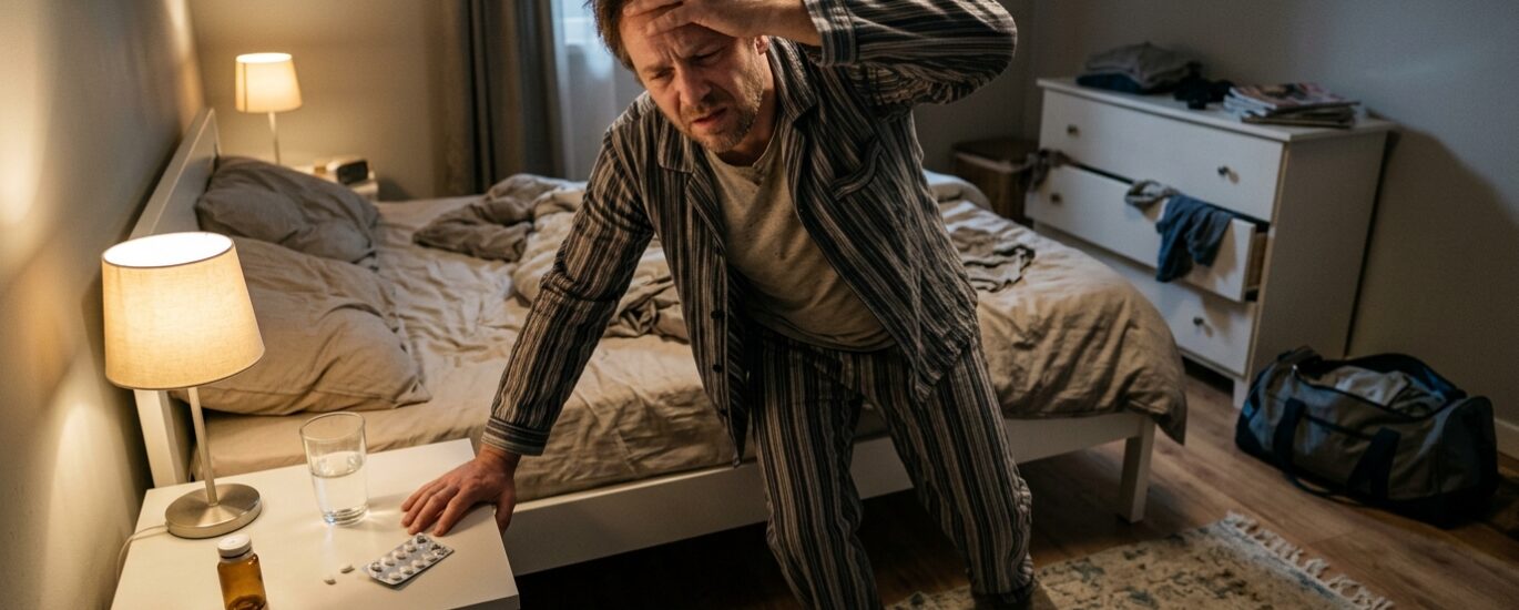 Mão envelhecida segurando um frasco de comprimidos para dormir ao lado de um copo de água sobre uma mesa de cabeceira em um quarto penumbroso.
