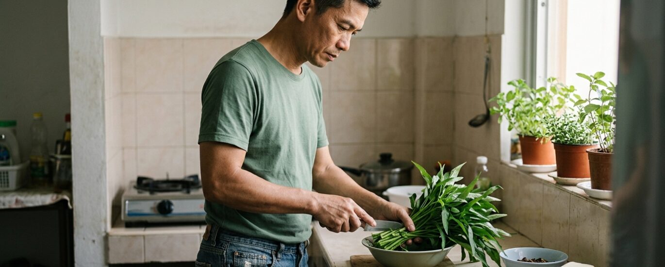 Idosa sorridente na cozinha preparando uma refeição rica em vegetais verdes-escuros e leguminosas sobre uma bancada iluminada.
