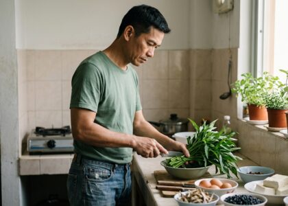 Idosa sorridente na cozinha preparando uma refeição rica em vegetais verdes-escuros e leguminosas sobre uma bancada iluminada.