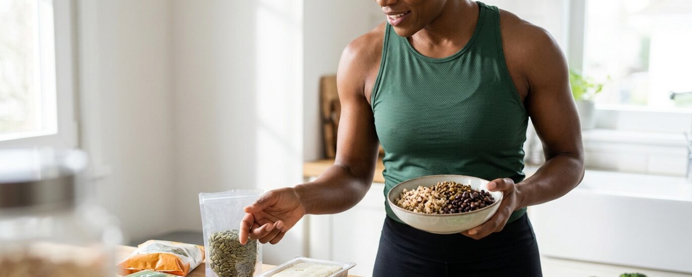 Foto de idosa ativa sorrindo ao preparar uma salada rica em grãos, lentilhas e sementes em uma cozinha iluminada.