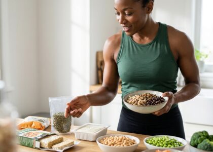 Foto de idosa ativa sorrindo ao preparar uma salada rica em grãos, lentilhas e sementes em uma cozinha iluminada.