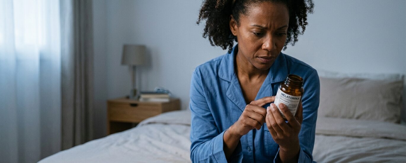 Uma pessoa madura deitada confortavelmente na cama em um quarto silencioso e na penumbra, sugerindo um sono profundo e reparador.