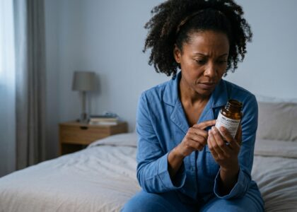 Uma pessoa madura deitada confortavelmente na cama em um quarto silencioso e na penumbra, sugerindo um sono profundo e reparador.