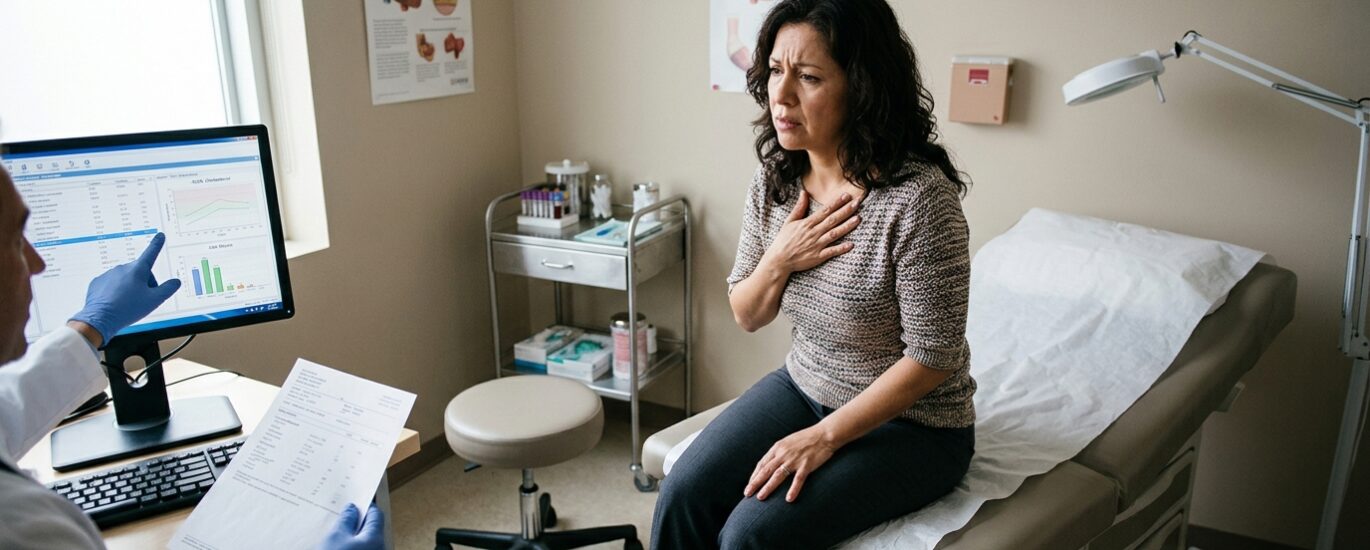 Ilustração médica detalhada mostrando uma artéria humana com acúmulo de placas de gordura amareladas, estreitando o fluxo sanguíneo, com representações tridimensionais de moléculas de lipoproteínas circulando.