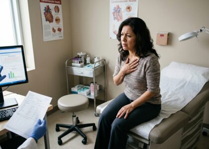 Ilustração médica detalhada mostrando uma artéria humana com acúmulo de placas de gordura amareladas, estreitando o fluxo sanguíneo, com representações tridimensionais de moléculas de lipoproteínas circulando.