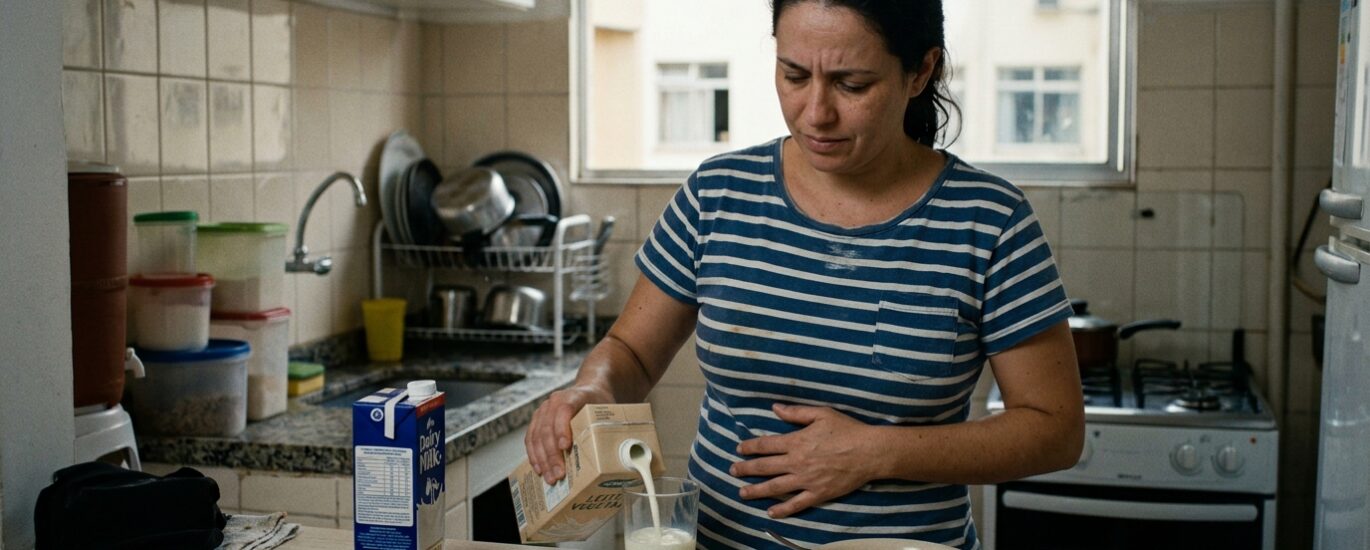Uma pessoa madura de cabelos grisalhos sorrindo na cozinha, segurando um copo de leite vegetal ao lado de uma mesa com frutas frescas, amêndoas e aveia. ===ALT_TEXT_2=== Infográfico detalhado mostrando de forma simplificada a diferença entre a digestão da lactose em um intestino com enzima lactase ativa e em um intestino com deficiência enzimática.