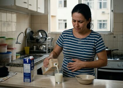 Uma pessoa madura de cabelos grisalhos sorrindo na cozinha, segurando um copo de leite vegetal ao lado de uma mesa com frutas frescas, amêndoas e aveia. ===ALT_TEXT_2=== Infográfico detalhado mostrando de forma simplificada a diferença entre a digestão da lactose em um intestino com enzima lactase ativa e em um intestino com deficiência enzimática.