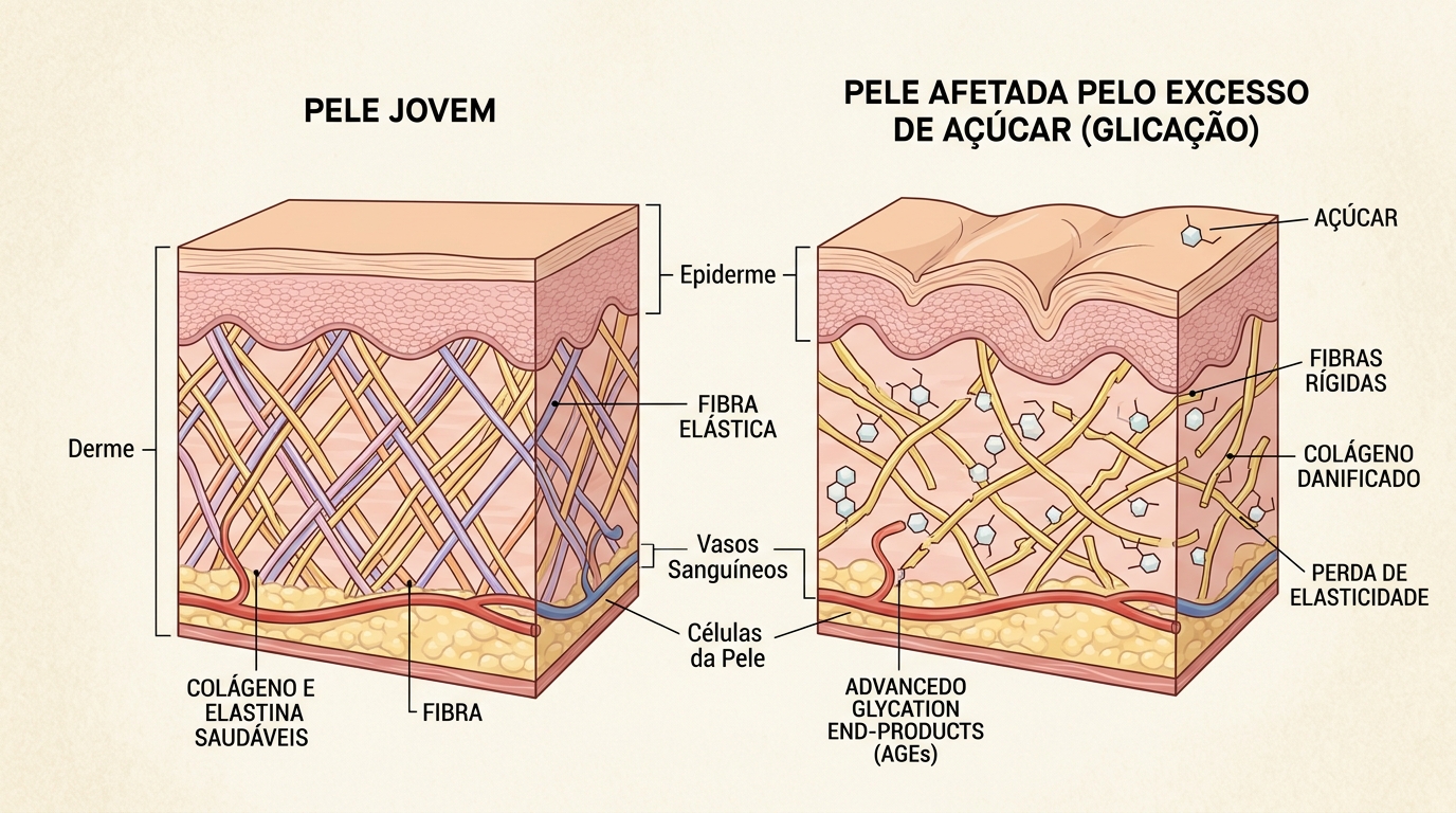 Imagem explicativa sobre Como o consumo de açúcar afeta diretamente a elasticidade da pele