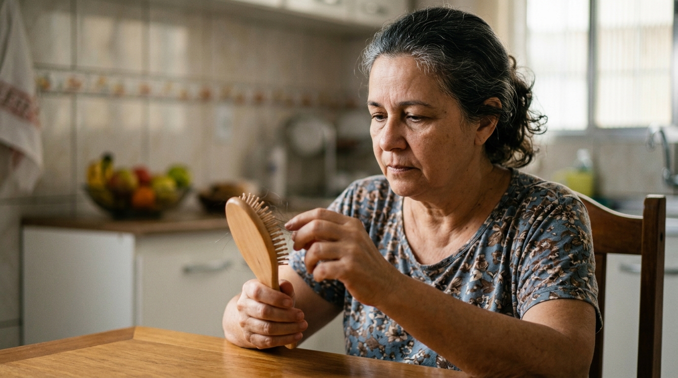 Imagem explicativa sobre Queda de cabelo repentina: estresse, falta de vitaminas ou tireoide?