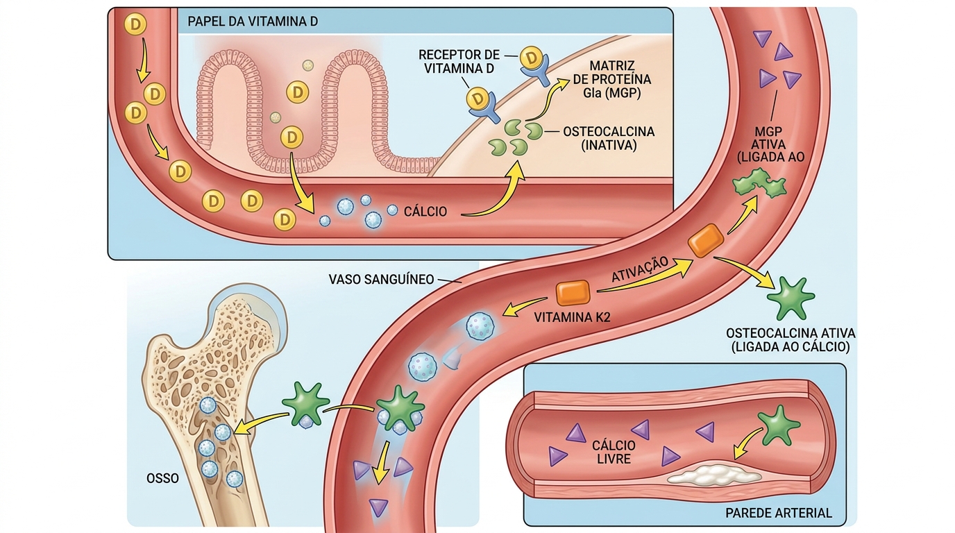Imagem explicativa sobre Como a vitamina K2 trabalha em conjunto com a vitamina D